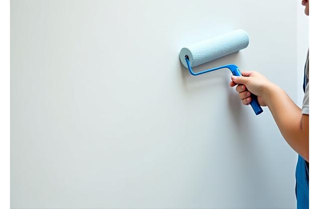 Person meticulously painting an apartment wall with a roller